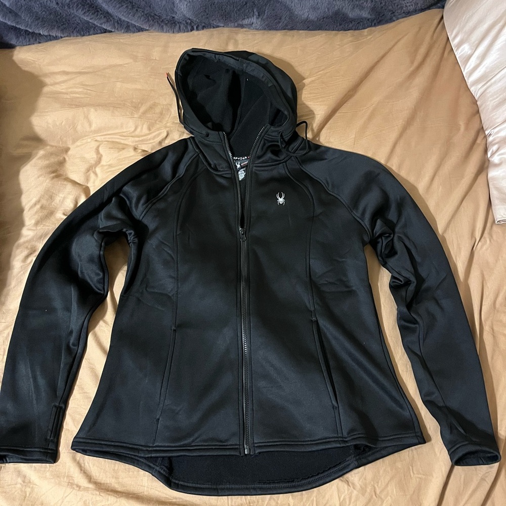 Spyder women’s size XL black fleece full zip hooded jacket